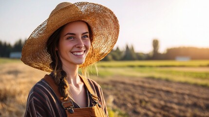 Young Female Farmer Smiling in Sunlit Field During Golden Hour