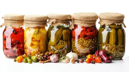 Colorful display of assorted pickled vegetables in jars on a white background