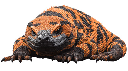 Obraz premium Gila Monster Close Up: A detailed close-up of a Gila monster, showcasing its vibrant orange and black patterned skin, beady eyes, and powerful jaws.