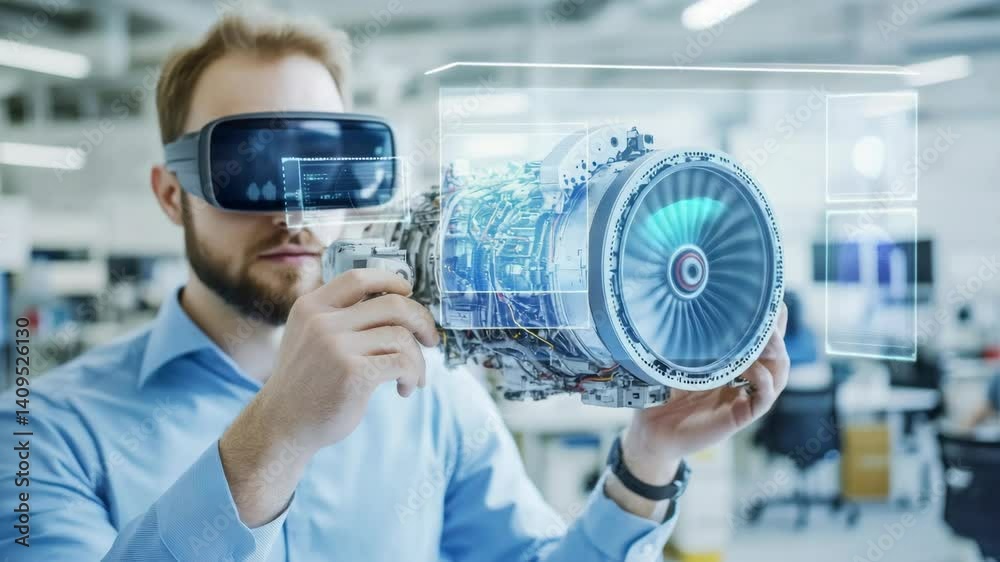 Poster engineer in vr interacting with disassembled jet engine.