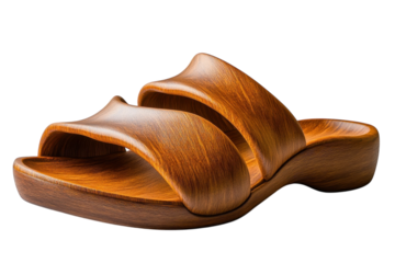 Elegant wooden sandals handcrafted with rich brown tones showcasing smooth on transparent background