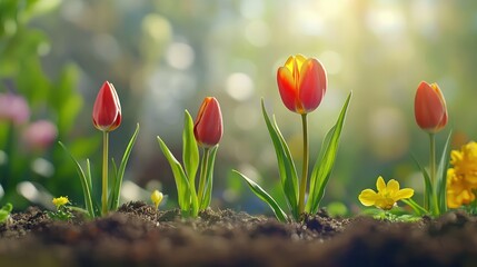 Spring tulips emerge from rich earth, bathed in sunlight.