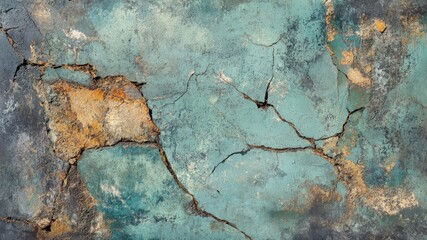 An aged, cracked wall with peeling teal, blue, and brown paint. Abstract design.