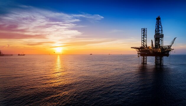 Silhouette of oil rigger from a far at sunset	
