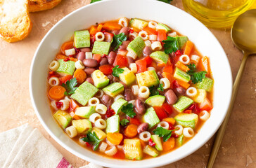 Vegetable minestrone soup. Vegetarian food. Italian cuisine.