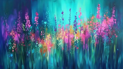 Vibrant floral display in a teal and magenta backdrop.