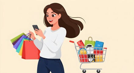 young man with long hair use white t-shirts happy shopping illustration 