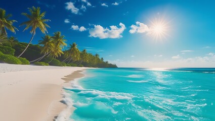 Fototapeta premium Serene tropical beach with lush palm trees and vibrant blue water, creating a picturesque coastal view