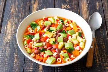 Vegetable minestrone soup. Vegetarian food. Italian cuisine.