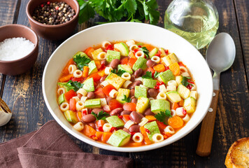 Vegetable minestrone soup. Vegetarian food. Italian cuisine.