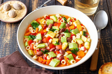 Vegetable minestrone soup. Vegetarian food. Italian cuisine.