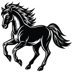 Elegant Black Silhouette of a Galloping Horse with Flowing Mane and Tail on White