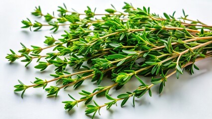 Obraz premium Fresh thyme, viewed from above: a drone's-eye perspective showcases the herb's delicate beauty against pure white.