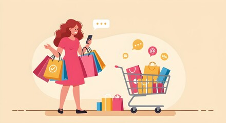 happy shopping woman illustration vector