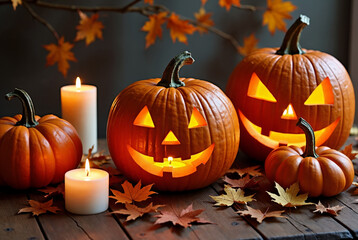Fototapeta premium Halloween setup with carved pumpkins, candles, and dried leaves.