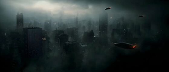 Fog-shrouded dystopian metropolis