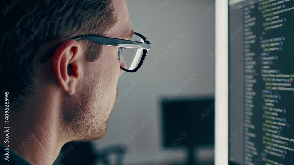 Poster Close up profile view of a focused software developer wearing glasses, examining lines of code displayed on a computer monitor in a dark office environment