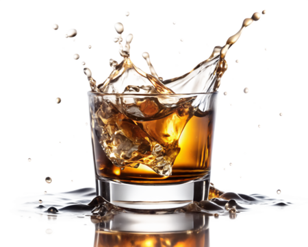  glass of whiskey splashing drink isolated on white background PNG , AI GENERATED