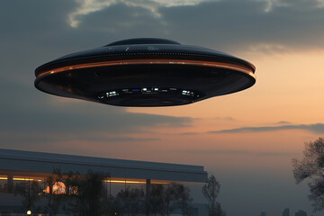 Personal flying saucer mid-hover, above a smart tech plaza, twilight