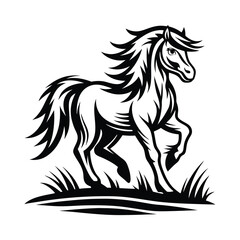 Horse Silhouette, Black and White Stallion with Flowing Mane, Running on Grass