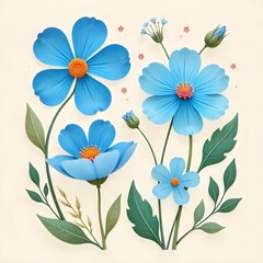 Fototapeta premium Stylized Floral Illustration Vibrant Blue Flowers with Orange Centers and Whimsical Spring Design