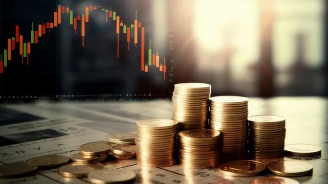 Financial Triumph: A compelling tableau of gleaming golden coins and intricate market charts, this image captures the essence of financial markets, investments, and wealth creation.