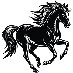 Silhouette Black Horse Running, Mane Flowing, Detailed Outlines, Animal Icon, Power