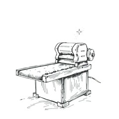 A classic black and white, ethereal, spiritual hand-drawn sketchnote illustration of an industrial belt sander