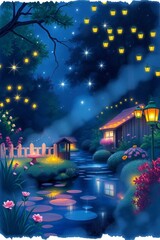 A color sketchnote of a magical nighttime garden scene showing volumetric lighting effects