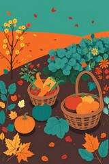 An autumn harvest garden illustration featuring a contrast between warm terracotta tones of the earth and cool teal accents