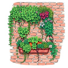 Adorable and cute hand-drawn sketch in color sketchnote style of a vertical garden on a weathered brick wall