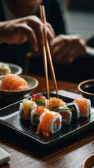Man enjoying a sushi meal with chopsticks at a restaurant.

