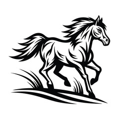 Horse Galloping Black Silhouette, Mane Flowing, Field Grass Equestrian Symbolism