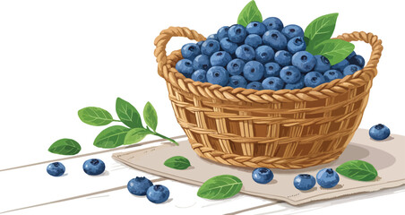 Blueberry in wicker basket on table in white background vector design, Blueberry vector design