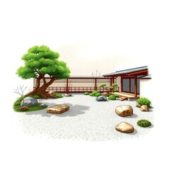 Color sketchnote style hand-drawn sketch of a serene Japanese Zen garden