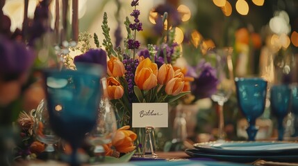 Romantic Outdoor Wedding Table Setting with Orange Tulips and Lavender