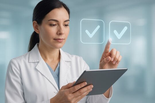 Checklist in Health: A determined healthcare professional uses a digital tablet, confirming important selections.
