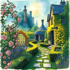 Epic, modern, future scene, intense dramatic lighting, hand-drawn sketch of an idyllic English cottage garden climbing roses