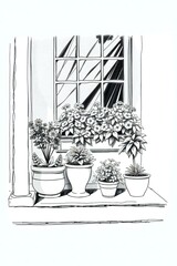 Hand-drawn sketch, intense jet black, charming container garden on quaint porch, assorted flowering plants in decorative pots, soft sunlight
