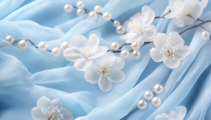 The delicate arrangement of pearls and flowers on a blue cloth, paired with a white flower, creates a serene and visually appealing composition