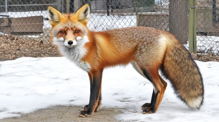Obraz premium Red fox stands alert in snowy enclosure.