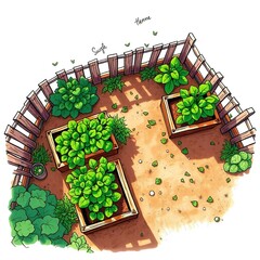 Overhead bird’s eye view color sketchnote of an organic vegetable garden