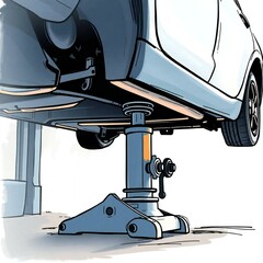 Soft pastel colors and high contrast low-key lighting characterize a hand-drawn sketch of a 3D hydraulic jack lifting a car in color sketchnote style