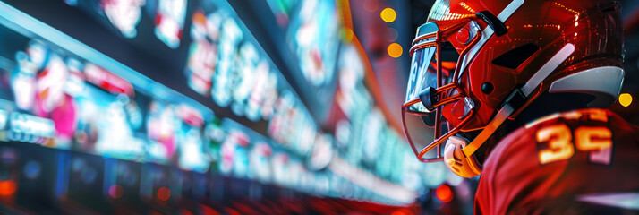 American Football Player in Front of Digital Screens – Modern Sports and Technology Concept