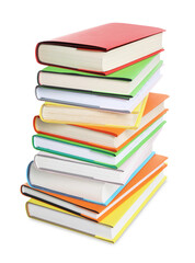 Stack of colorful books on white background