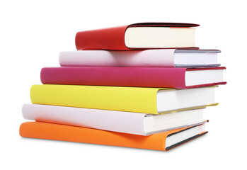 Stack of colorful books on white background