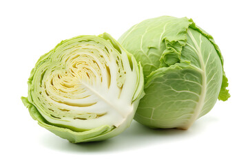 A large green cabbage is cut in half, revealing its white core