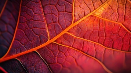 Obraz premium Close-up view of a vibrant autumn leaf's intricate vein structure.