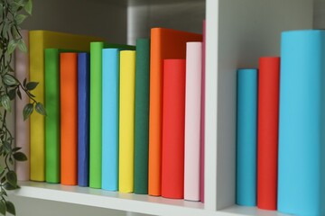 Colorful books on shelving unit indoors, closeup
