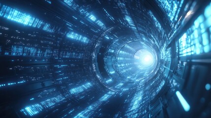 A futuristic image showcasing a tunnel of glowing blue data streams converging towards a bright center, evoking a sense of speed and technological advancement.